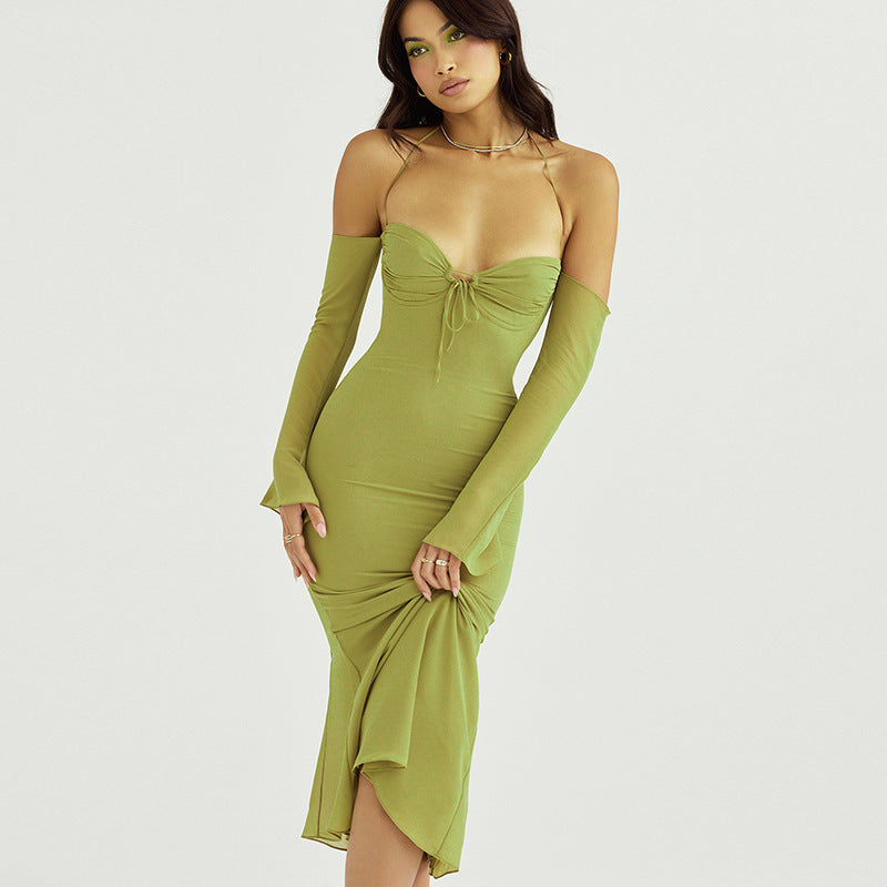 Off Shoulder Elegant Halter Mesh Sheer Midi Dress