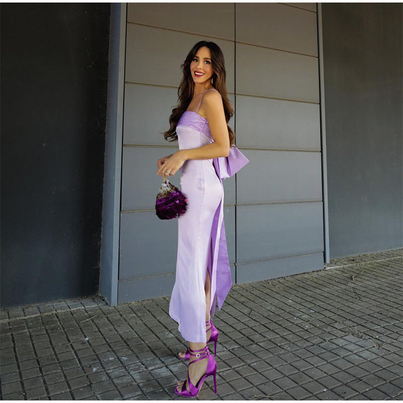 Elegant Purple High Waist Split Back Bowtie Strap Maxi Dress
