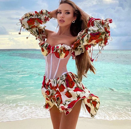 Sexy Off Shoulder Floral Corset Dress