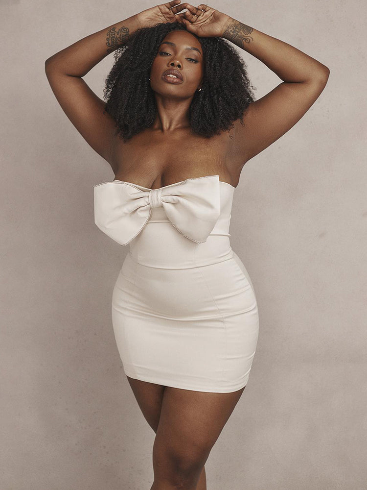 Sexy Satin Strapless White Bodycon Ribbon Dress