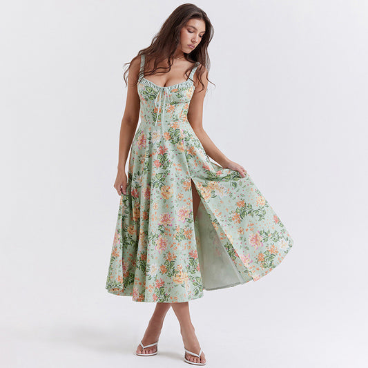 Elegant Green Floral Print V Neck Midi Dress