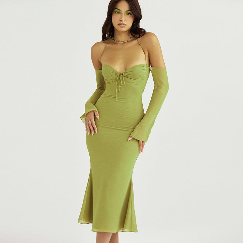 Off Shoulder Elegant Halter Mesh Sheer Midi Dress