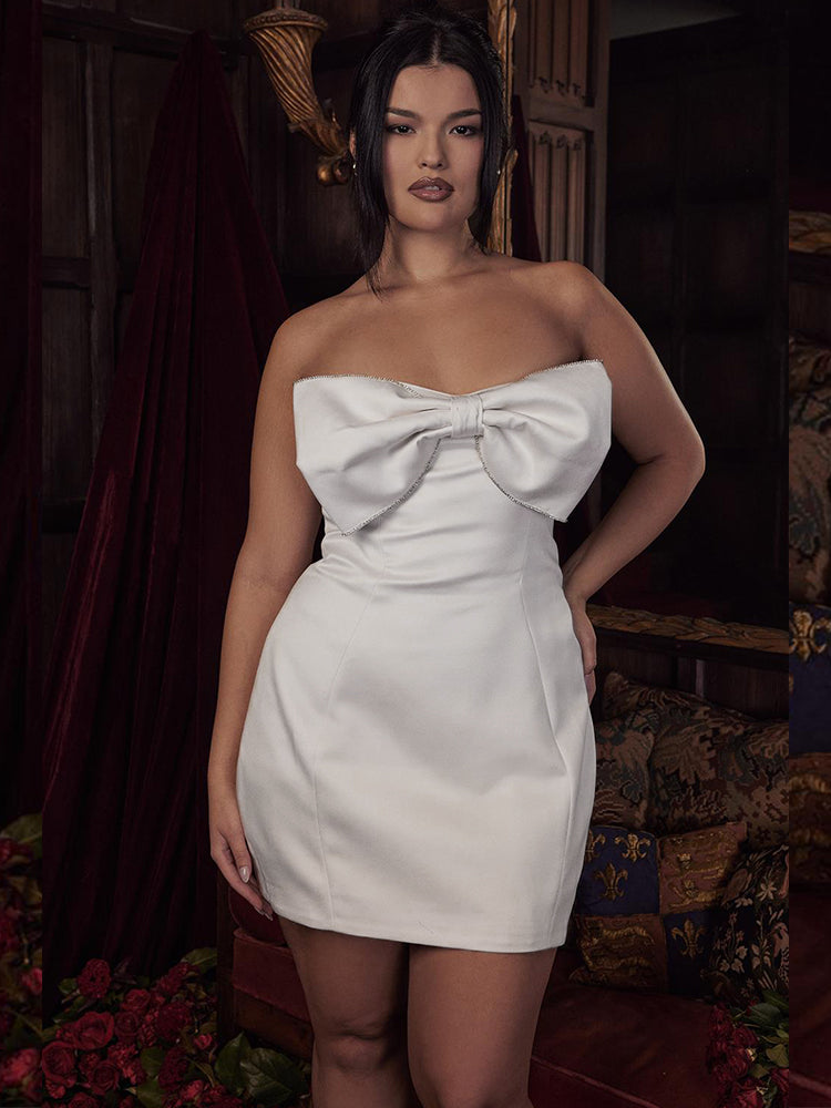 Sexy Satin Strapless White Bodycon Ribbon Dress